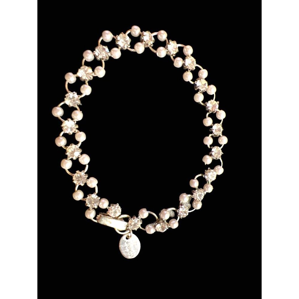 Claire's Silver Circle Bracelet White Beads and Faux Diamonds Size 7